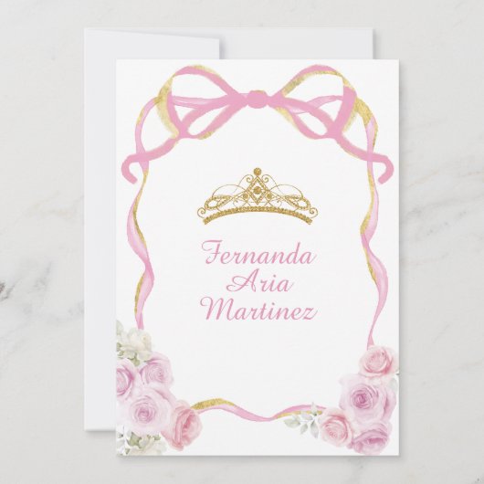Blush Pink Bloemen Bow Ribbon Gold Crown Mis Quinc Kaart (Achterkant)