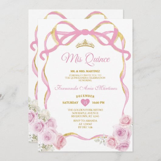 Blush Pink Bloemen Bow Ribbon Gold Crown Mis Quinc Kaart (Voorkant / Achterkant)