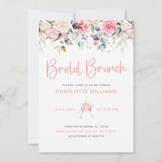 Blush Pink Bloemen Bruids Brunch Kaart (Voorkant)