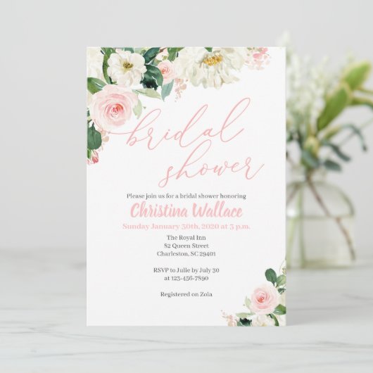 Blush Pink Bloemen Bruids Douche Uitnodigingen (Staand voorkant)