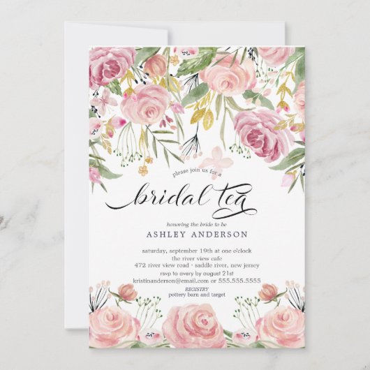 Blush Pink Bloemen Bruids Thee Kaart (Voorkant)