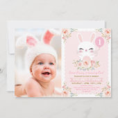 Blush Pink Bloemen Bunny Konijn 1e Verjaardag Part Kaart (Voorkant)