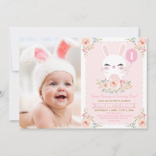 Blush Pink Bloemen Bunny Konijn 1e Verjaardag Part Kaart (Voorkant)