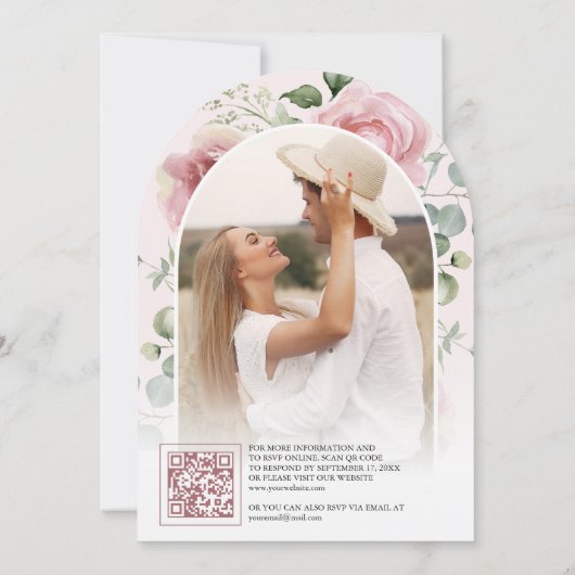 Blush Pink Bloemen Eucalyptus QR Code Foto Huwelij Kaart (Achterkant)