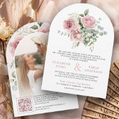 Blush Pink Bloemen Eucalyptus QR Code Foto Huwelij Kaart