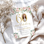 Blush Pink Bloemen Foto 60e verjaardag Uitnodiging