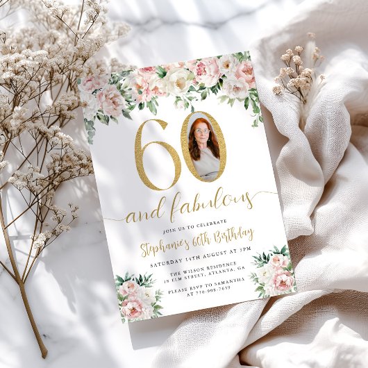 Blush Pink Bloemen Foto 60e verjaardag Uitnodiging