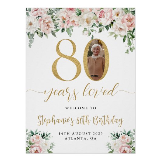 Blush Pink Bloemen Foto 80ste verjaardag Welkom Si Perfect Poster (Voorkant)