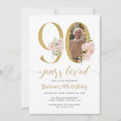 Blush Pink Bloemen Foto 90ste verjaardag Uitnodigi Kaart (Voorkant)