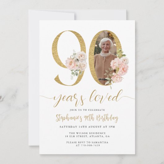 Blush Pink Bloemen Foto 90ste verjaardag Uitnodigi Kaart (Voorkant)