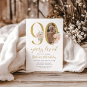 Blush Pink Bloemen Foto 90ste verjaardag Uitnodigi Kaart