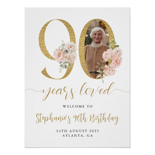 Blush Pink Bloemen Foto 90ste verjaardag Welkom Si Perfect Poster (Voorkant)