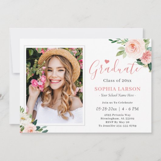 Blush Pink Bloemen Foto Keepsake Afstudeerfeest Kaart (Voorkant)