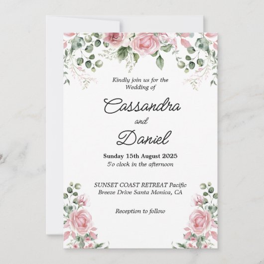 Blush Pink Bloemen Greenery Huwelijksuitnodiging Kaart (Voorkant)
