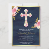 Blush Pink Bloemen Marine Blauw Goud Doop Kaart (Voorkant)