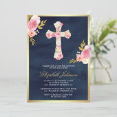 Blush Pink Bloemen Marine Blauw Goud Doop Kaart (Staand voorkant)