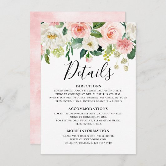 Blush Pink Bloemen Moderne Botanische Trouwdetails Informatiekaartje (Voorkant / Achterkant)
