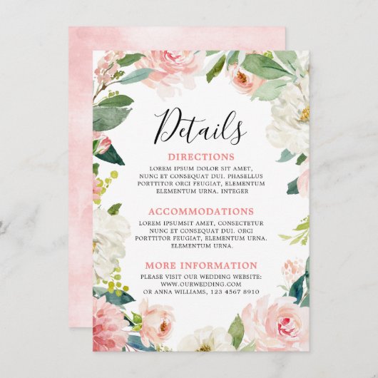 Blush Pink Bloemen Moderne Botanische Trouwdetails Informatiekaartje (Voorkant / Achterkant)