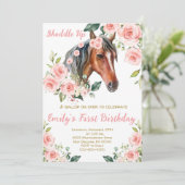 Blush Pink Bloemen & Paard Eerste Verjaardagsfeest Kaart (Staand voorkant)