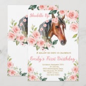 Blush Pink Bloemen & Paard Eerste Verjaardagsfeest Kaart (Voorkant / Achterkant)