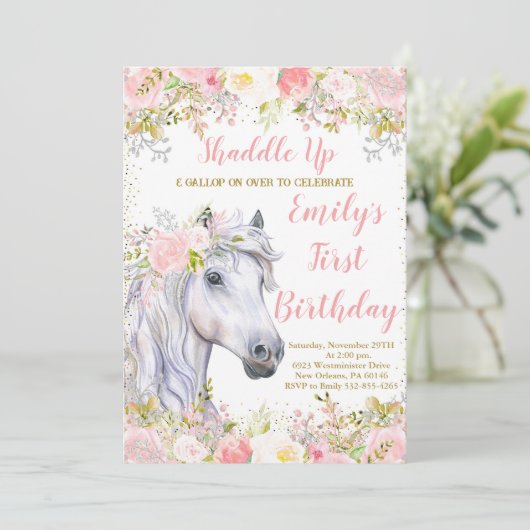Blush Pink Bloemen & Paard Eerste Verjaardagsfeest Kaart (Staand voorkant)