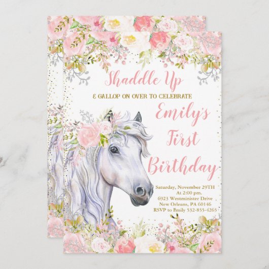 Blush Pink Bloemen & Paard Eerste Verjaardagsfeest Kaart (Voorkant / Achterkant)