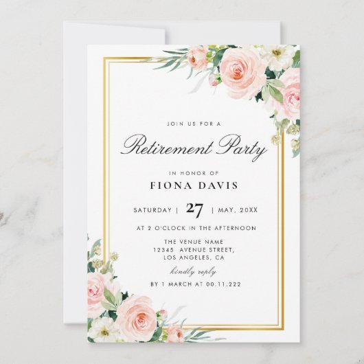 Blush Pink Bloemen Pensionering Party Uitnodiging (Voorkant)