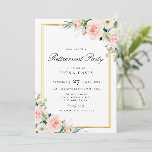 Blush Pink Bloemen Pensionering Party Uitnodiging (Staand voorkant)