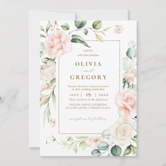 Blush Pink Bloom Gold Lijst Weddenschap Kaart (Voorkant)