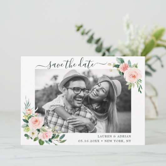 Blush Pink Bloom Save the Date Photo Card (Staand voorkant)