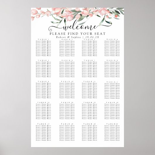 Blush Pink Bloom Seating Chart Poster (Voorkant)