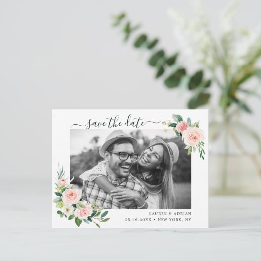 Blush Pink Bloom Sla de datumfoto op Aankondigingskaart (Staand voorkant)