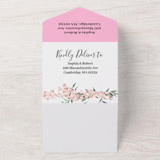 Blush Pink Bloom Wedding All In One Uitnodiging (Buitenkant)
