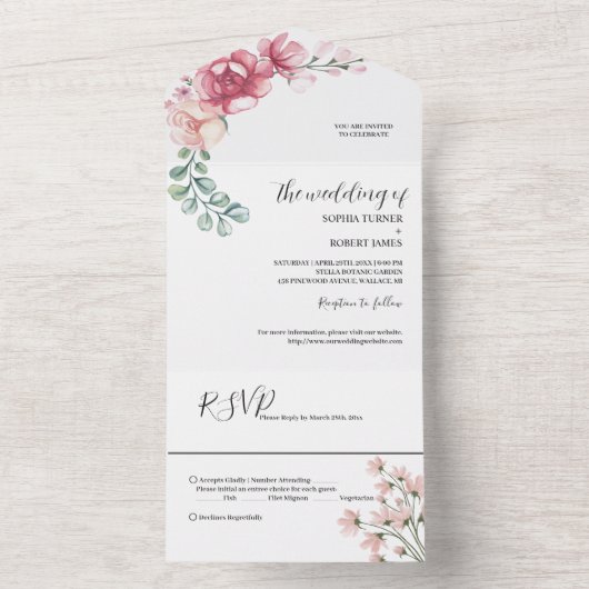 Blush Pink Bloom Wedding All In One Uitnodiging (Binnen)