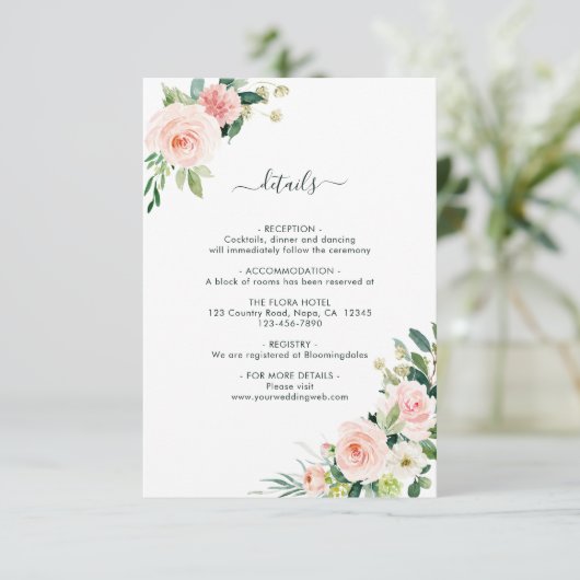 Blush Pink Bloom Wedding Details Informatiekaartje (Staand voorkant)
