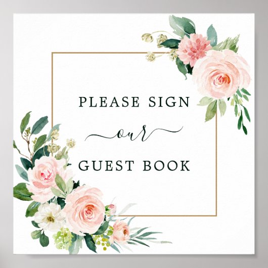 Blush Pink Bloom Wedding Guest Book Square Poster (Voorkant)