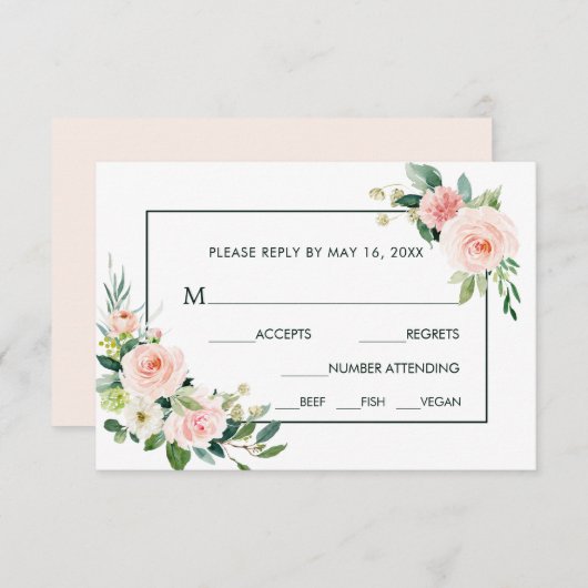 Blush Pink Bloom Wedding RSVP met maaltijdkeuze (Voorkant / Achterkant)