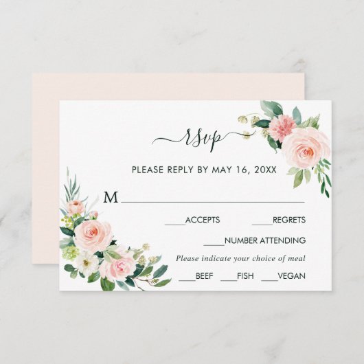Blush Pink Bloom Wedding RSVP met maaltijdkeuze (Voorkant / Achterkant)