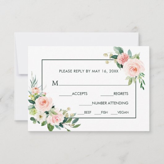 Blush Pink Bloom Wedding RSVP met maaltijdkeuze Kaartje (Voorkant)