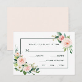 Blush Pink Bloom Wedding RSVP met maaltijdkeuze Kaartje