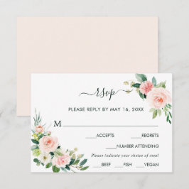 Blush Pink Bloom Wedding RSVP met maaltijdkeuze Kaartje