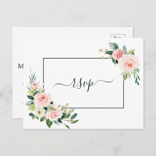 Blush Pink Bloom Wedding RSVP met maaltijdkeuze Uitnodiging Briefkaart (Voorkant / Achterkant)