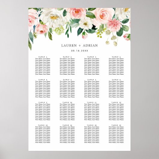 Blush Pink Bloom Wedding Seating Chart Poster (Voorkant)