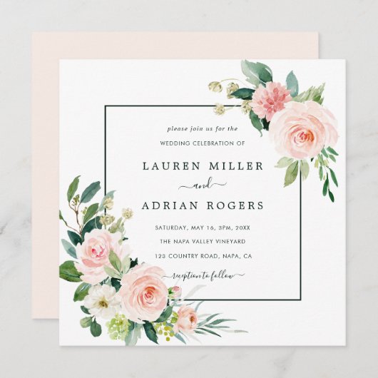 Blush Pink Bloom Wedding Square Kaart (Voorkant / Achterkant)