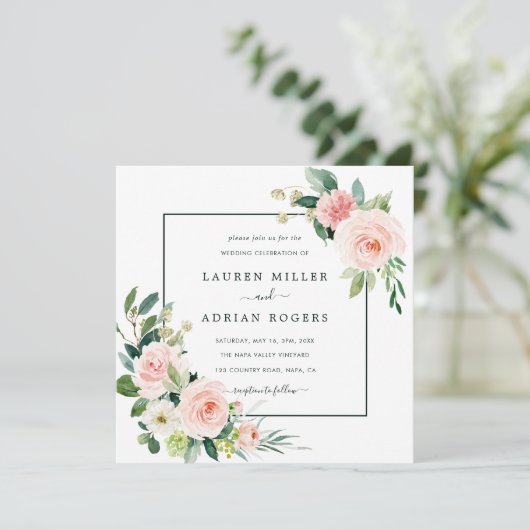 Blush Pink Bloom Wedding Square Kaart (Staand voorkant)