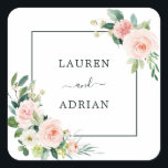 Blush Pink Bloom Wedding Vierkante Sticker<br><div class="desc">Deze bruiloft sticker is voorzien van geverfde waterverf bloemen in blush roze,  wit en groen gebladerte met een vierkant lijst. Voor meer geavanceerde aanpassingen van dit ontwerp klikt u op de koppeling "Verdere aanpassingen aanpassen".</div>