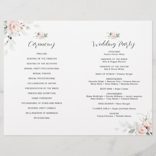 Blush Pink Blooms Wedding Programma (Achterkant)