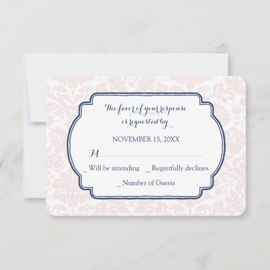 Blush Pink Blue Damask RSVP Weddenkaart (Voorkant)
