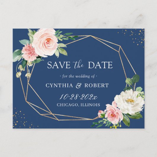 Blush Pink Blue Floral Geometric Save the Date Briefkaart (Voorkant)