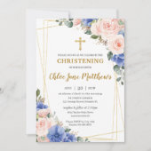 Blush Pink Blue Floral Gold Baptisme Christening I Kaart (Voorkant)
